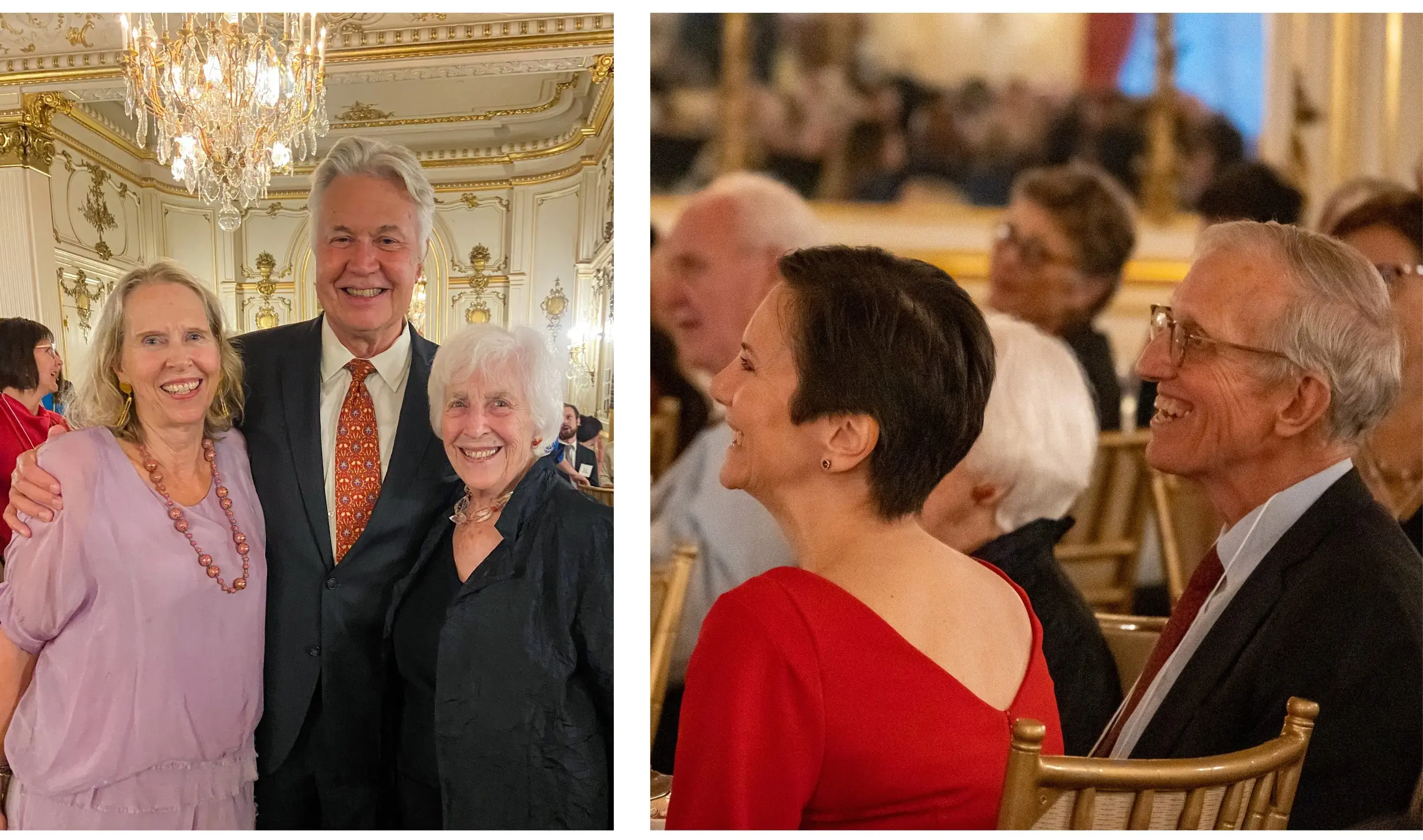 Left: Kem Knapp Sawyer, Jon Sawyer, and Emmy Rauh Pulitzer. Image by Annie Schlafly. Right: Lisa Gibbs and Dick Moore. Image by Grace Jensen. United States, 2024.